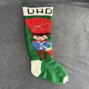 Vintage Hand Knit Christmas Stocking Dad Toy Soldier Jingle Bell 20in
